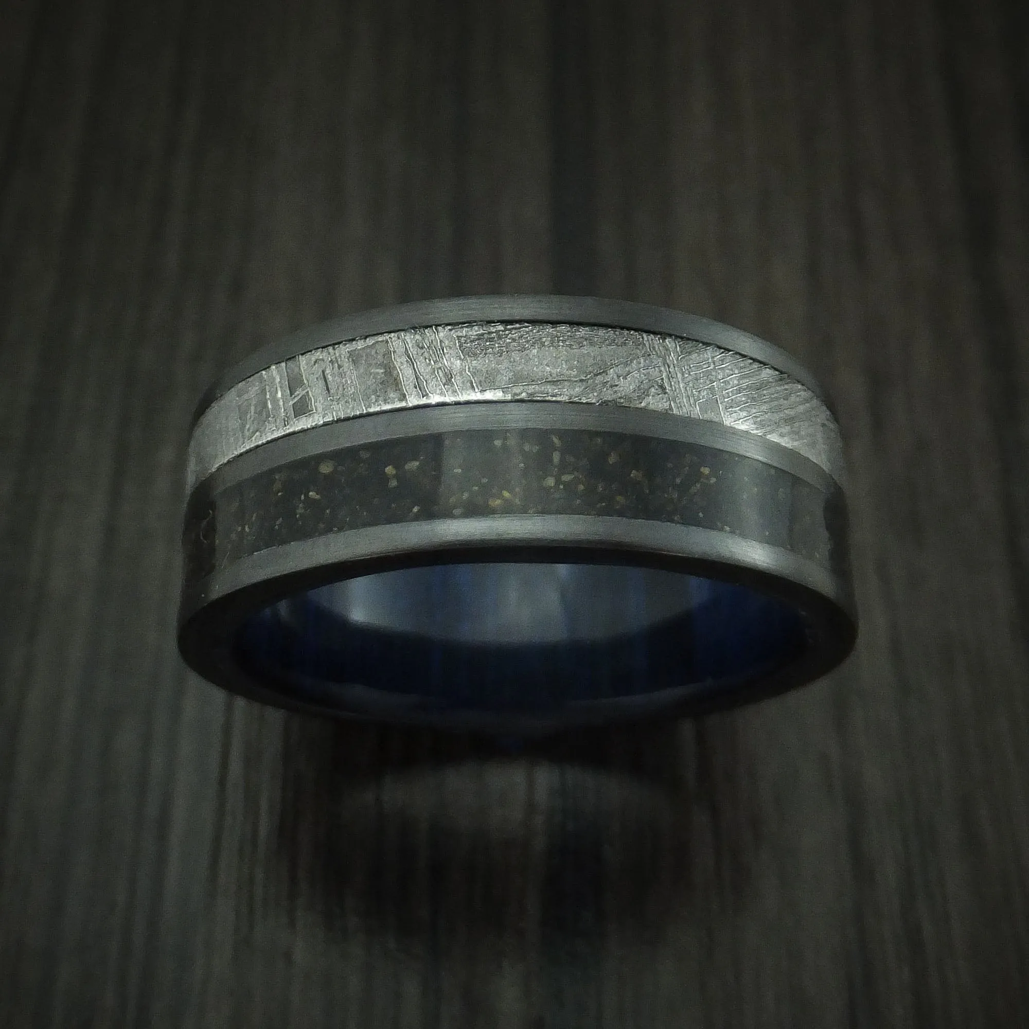 Black Titanium Dinosaur Bone and Gibeon Meteorite Men's Ring with Wood Sleeve Custom Made Fossil Band