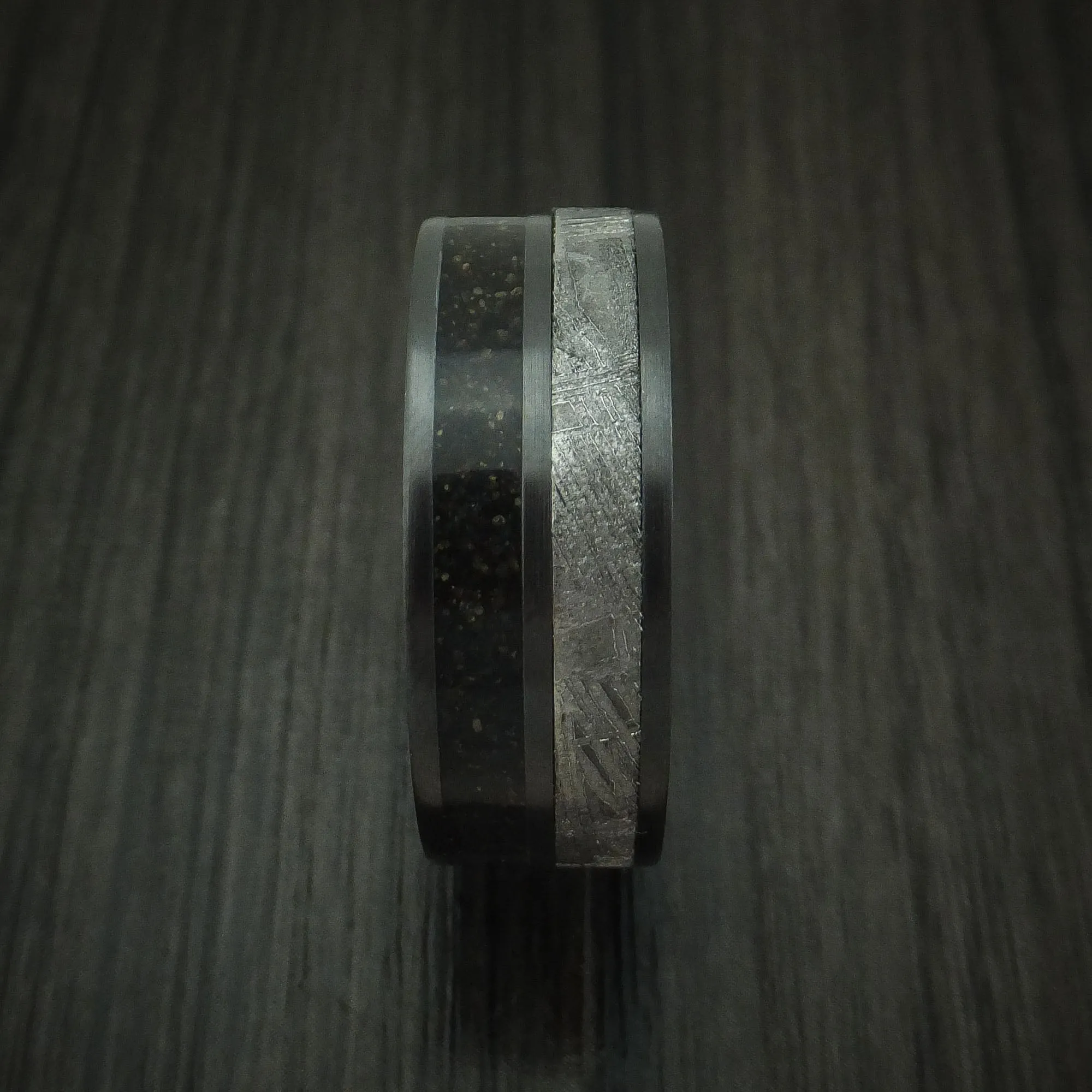 Black Titanium Dinosaur Bone and Gibeon Meteorite Men's Ring with Wood Sleeve Custom Made Fossil Band