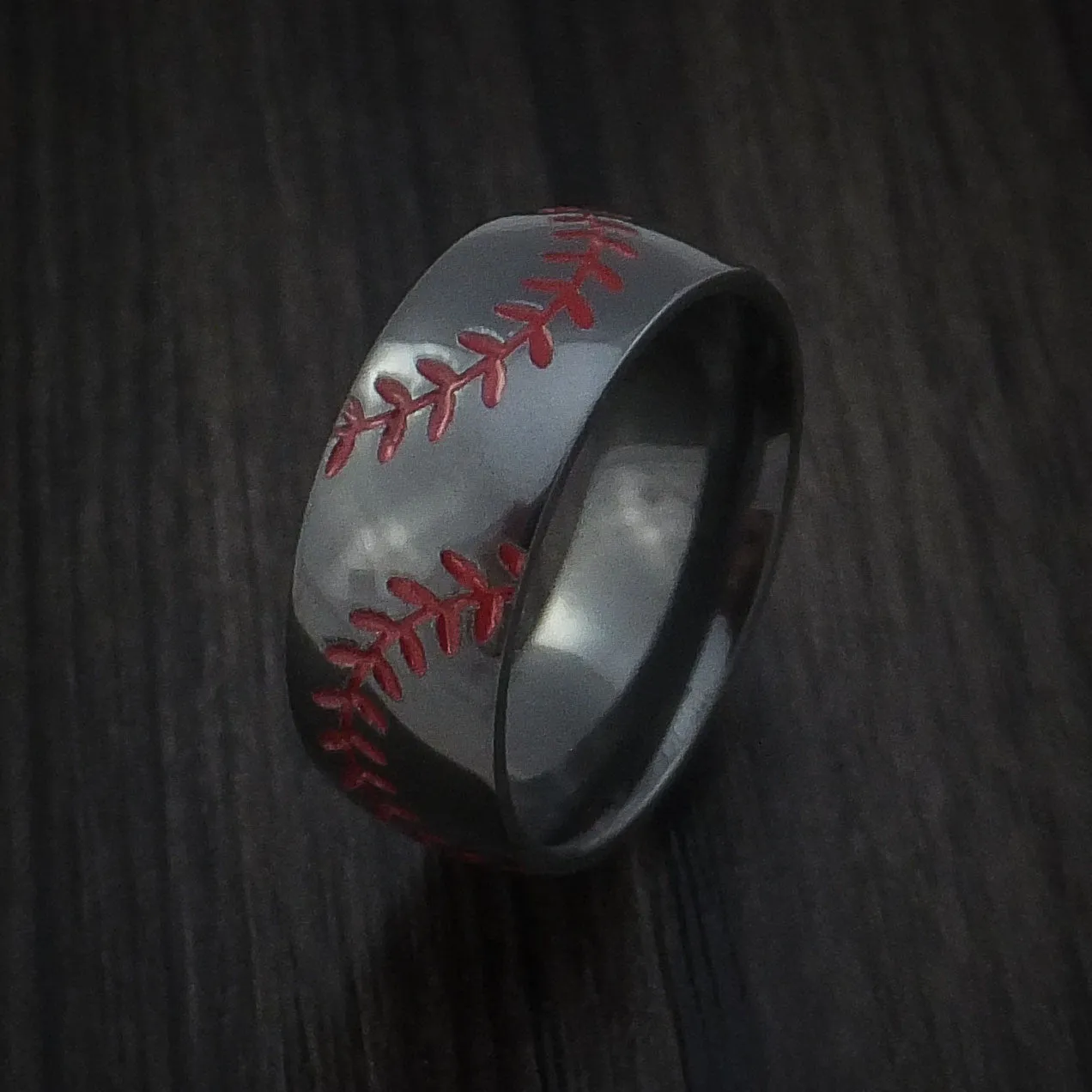 Black Zirconium Baseball Men's Ring with Double Stitching Polish Finish