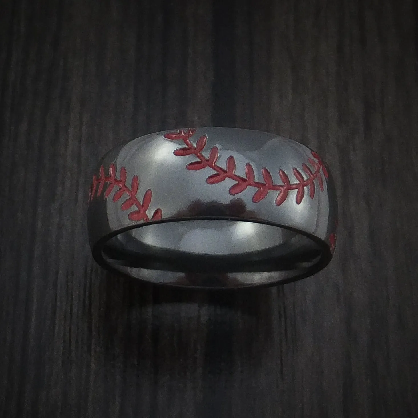 Black Zirconium Baseball Men's Ring with Double Stitching Polish Finish