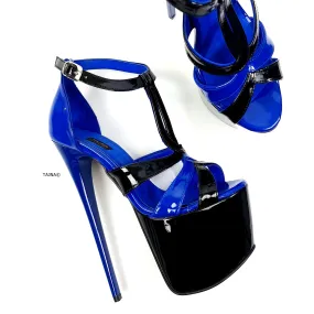 Blue Black Gloss T Strap High Heels