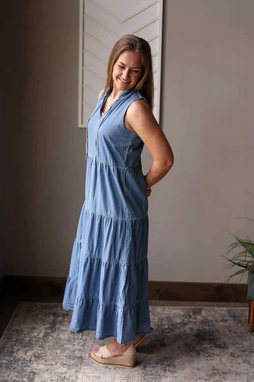 Blue Chambray Sleeveless Tiered Maxi Dress • S