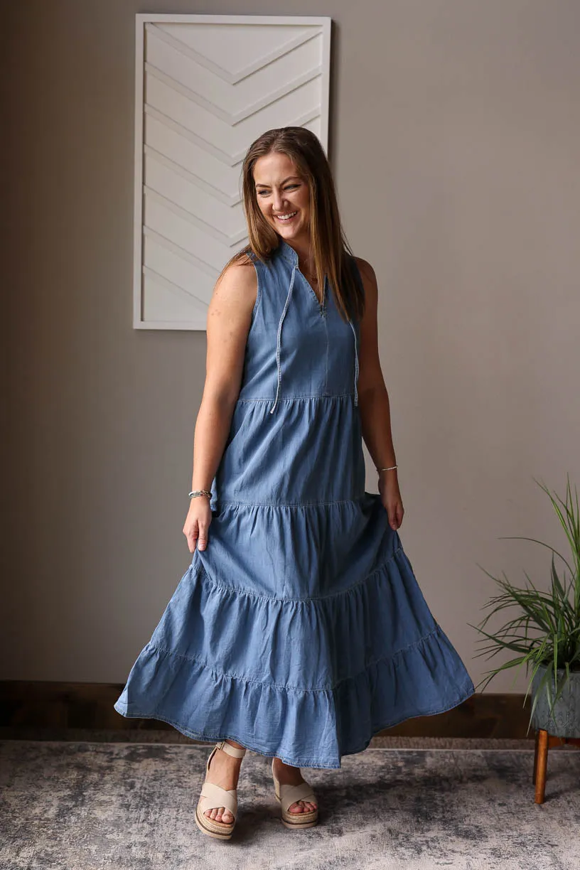 Blue Chambray Sleeveless Tiered Maxi Dress • S