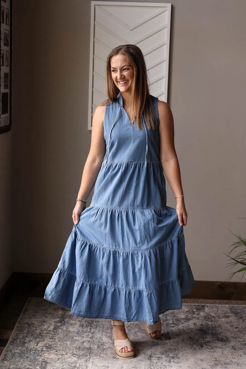 Blue Chambray Sleeveless Tiered Maxi Dress • S