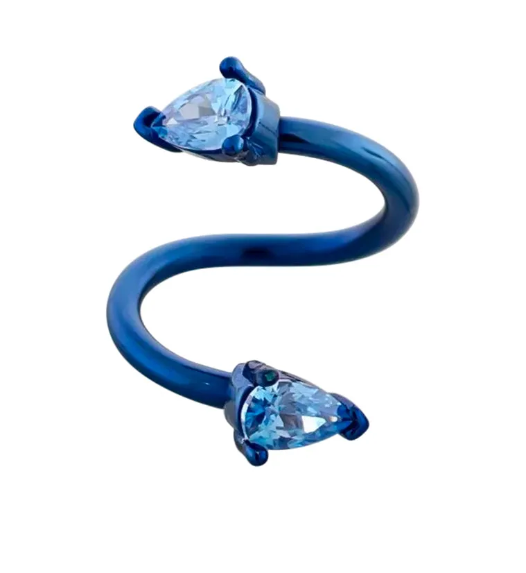 Blue PVD Twisted Aqua Teardrop CZ Stainless Steel Barbell