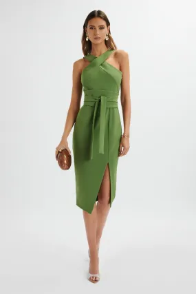 BRIELLE Obi Belt Halterneck Midi Dress In Green