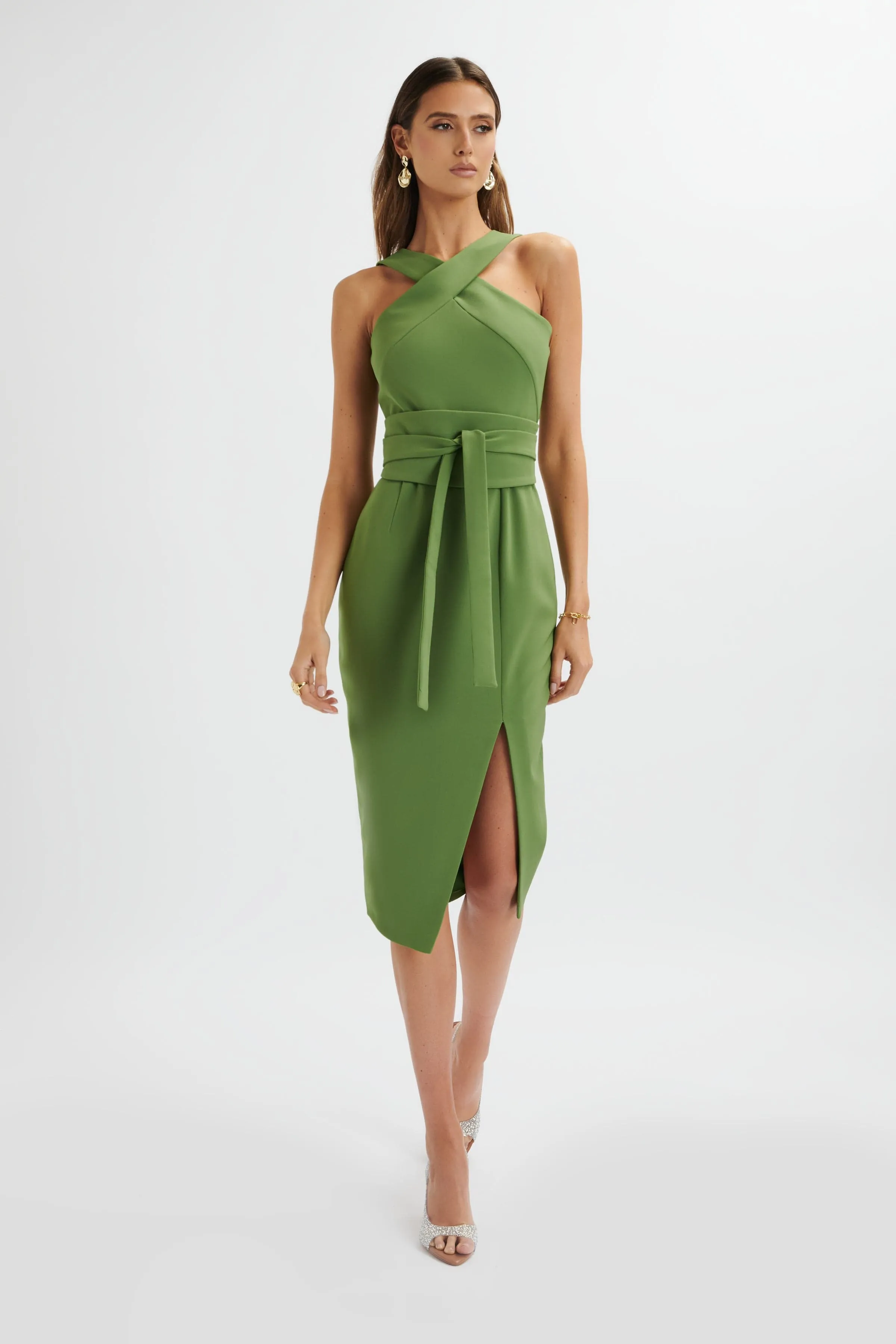 BRIELLE Obi Belt Halterneck Midi Dress In Green