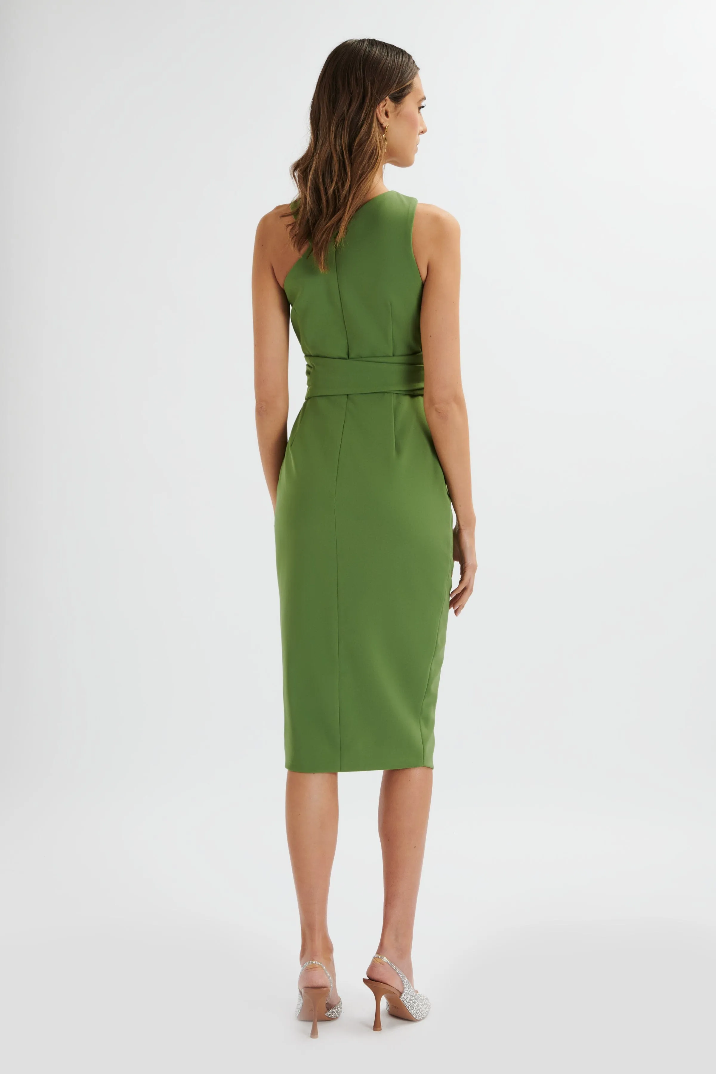 BRIELLE Obi Belt Halterneck Midi Dress In Green