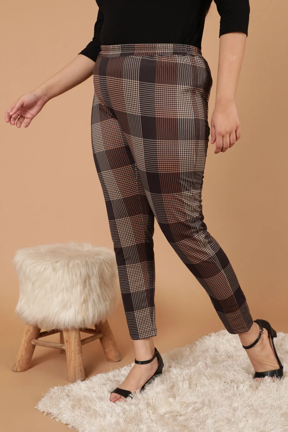 Brown Black Check Art Warm Winter Fleece Leggings