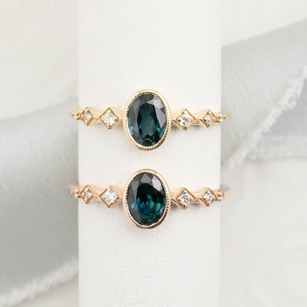 Celeste Ring 0.89ct Unheated Deep Teal Blue Queensland Sapphire, 14K Yellow Gold (One of a kind)