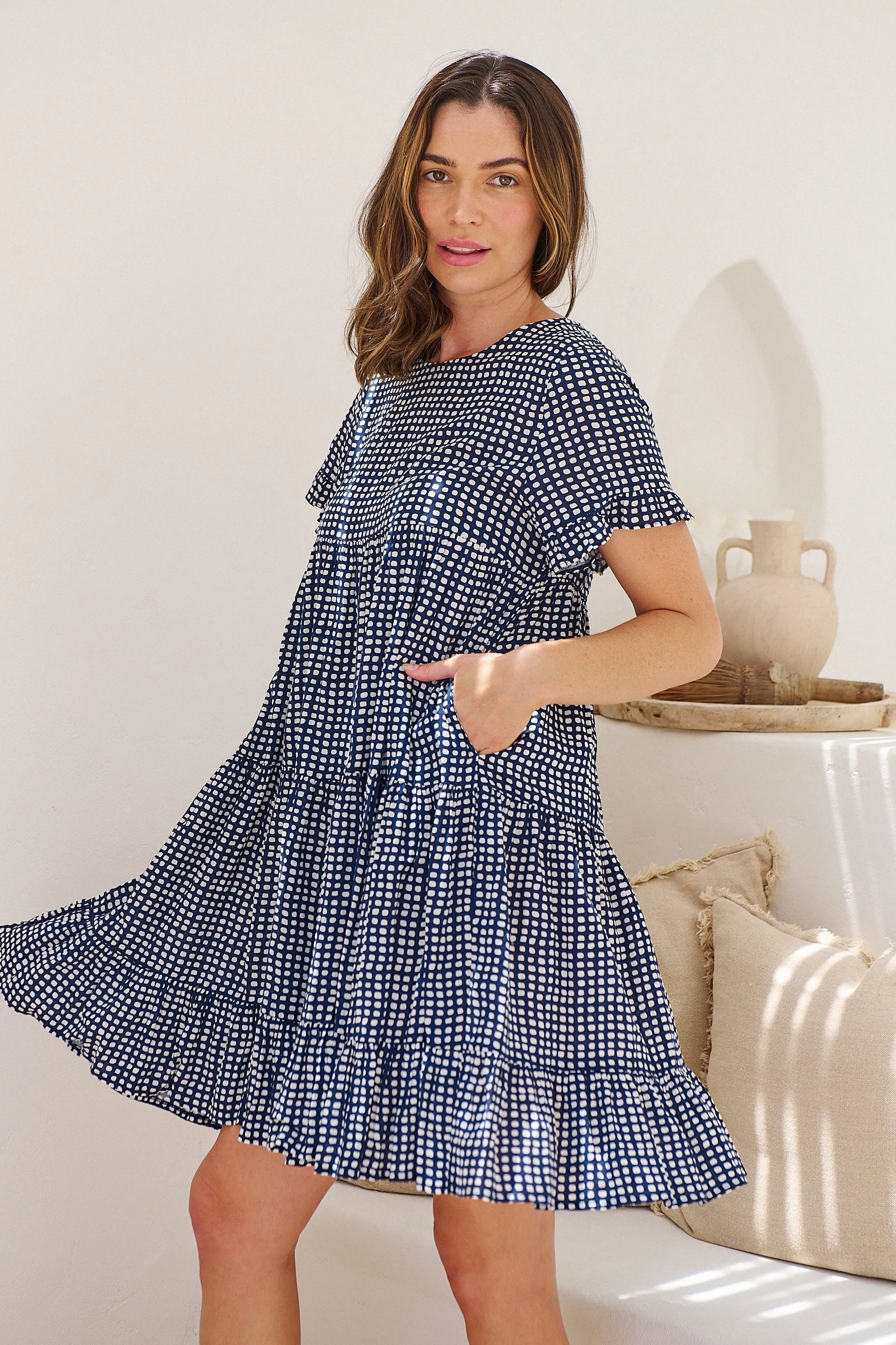 Cely Navy/White Printed Smock Dress