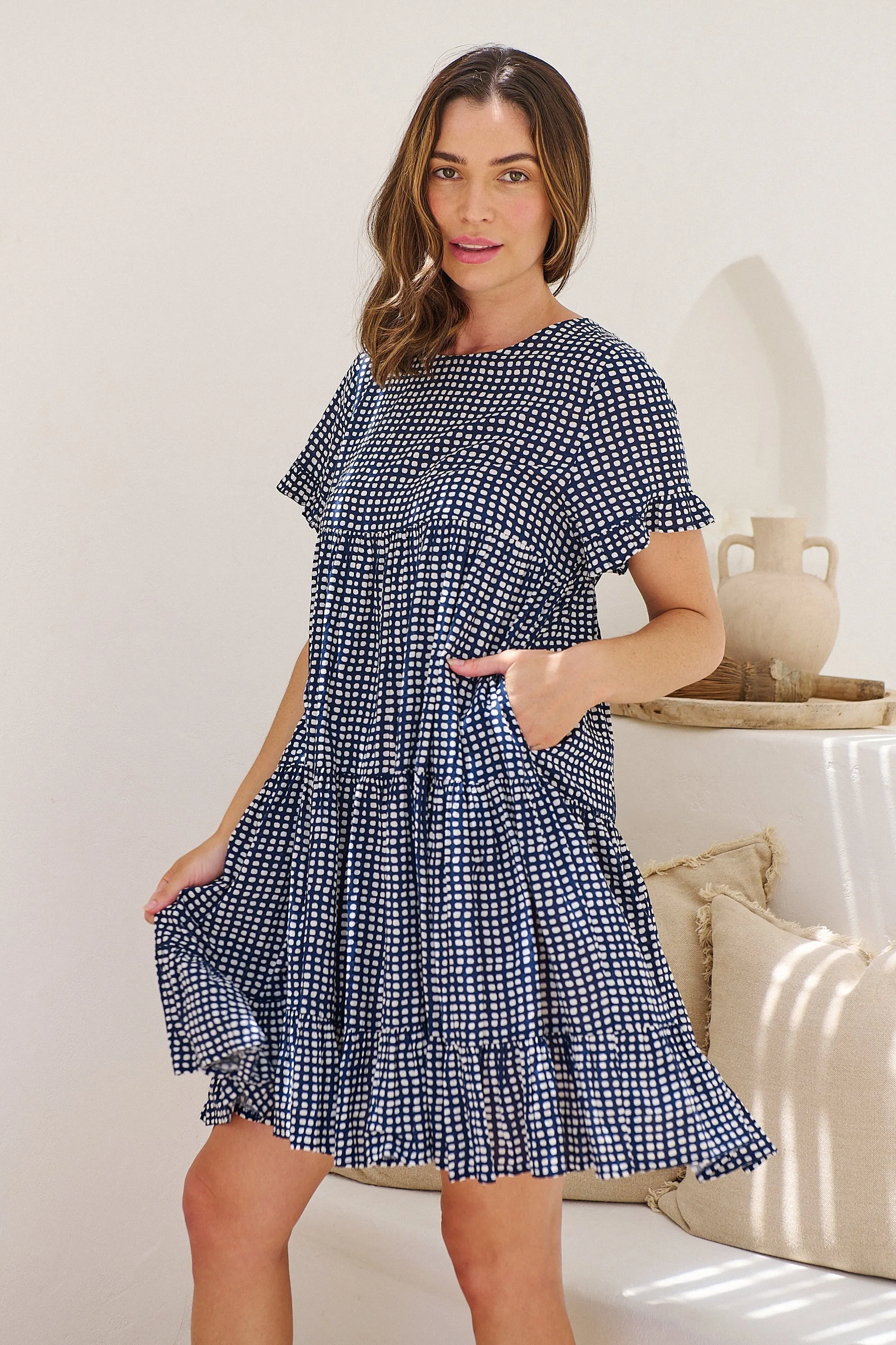 Cely Navy/White Printed Smock Dress