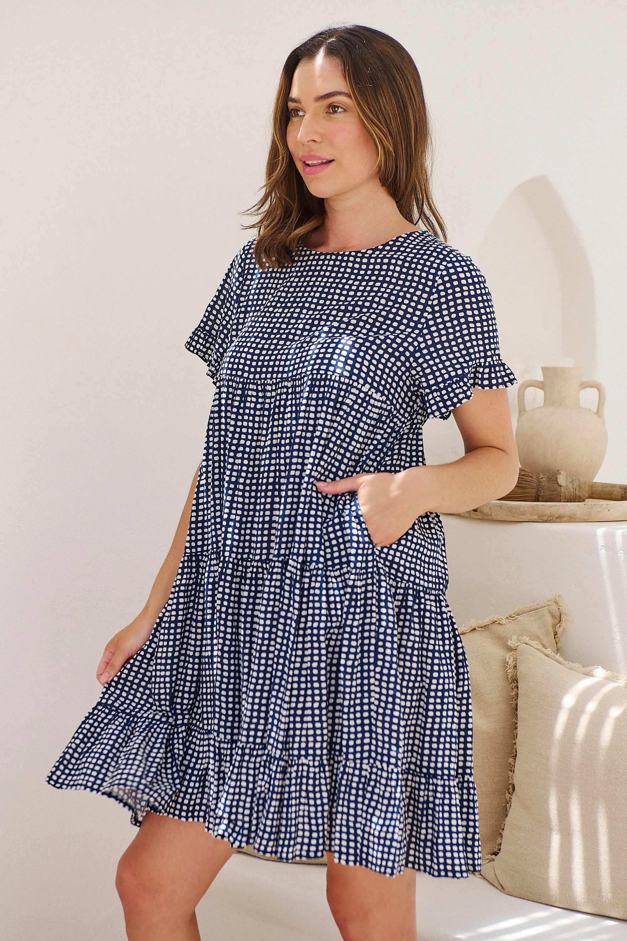 Cely Navy/White Printed Smock Dress