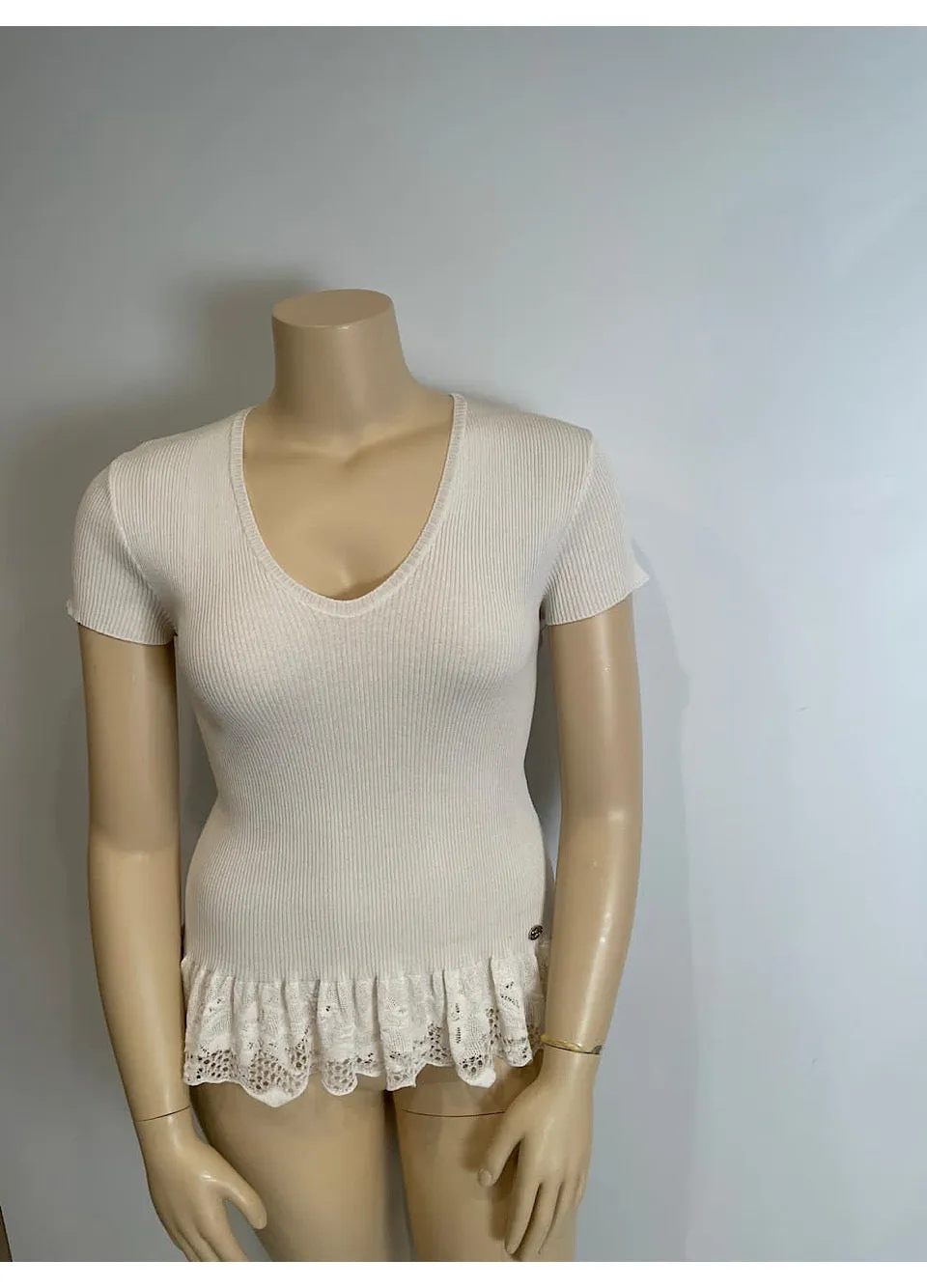 Chanel 06P 2006 Spring white ribbed Lace T-shirt Tee Top FR 46 US 10-12