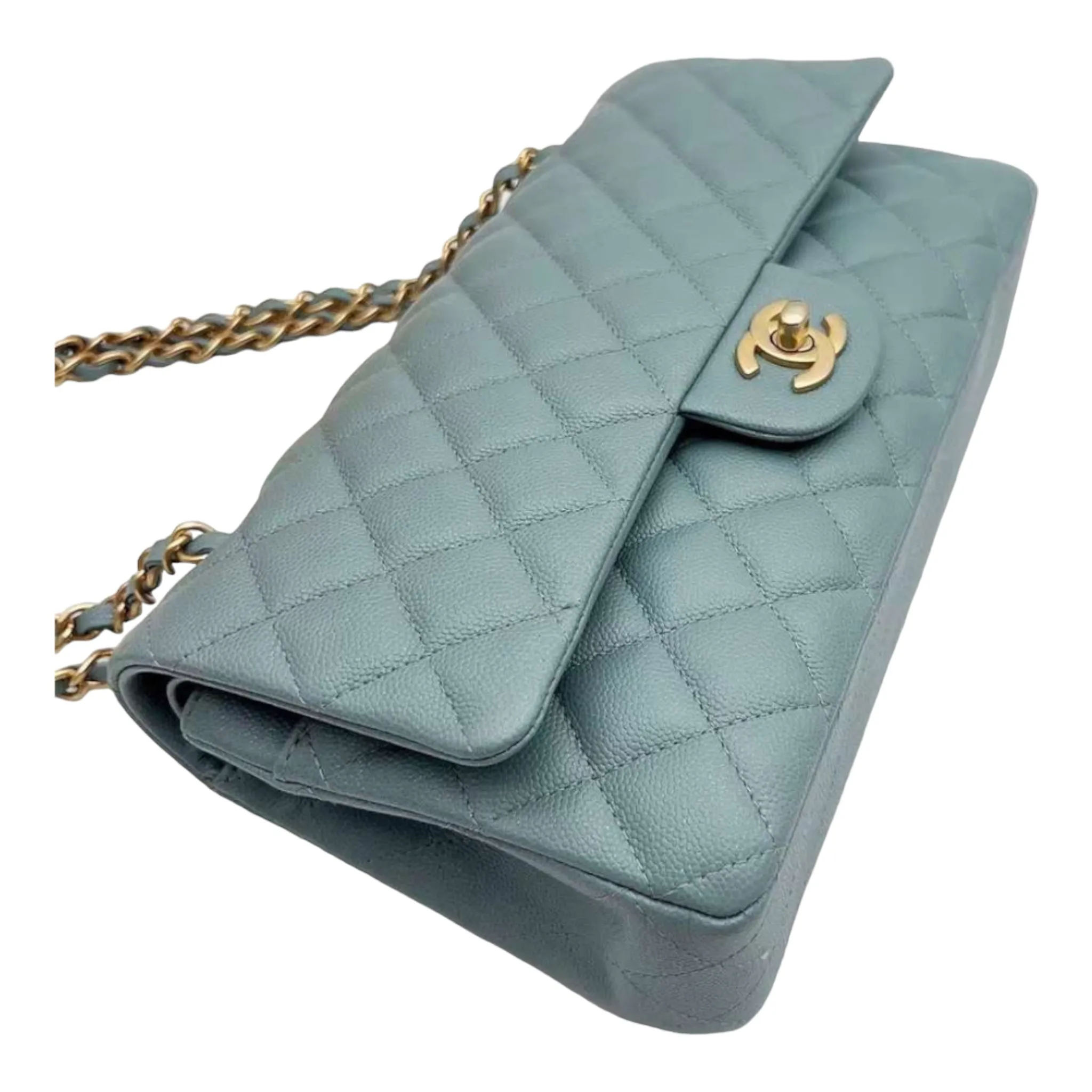 CHANEL 18C Iridescent Blue Caviar Flap Bag Brushed Gold Hardware