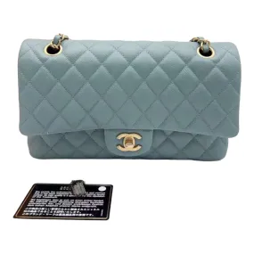 CHANEL 18C Iridescent Blue Caviar Flap Bag Brushed Gold Hardware