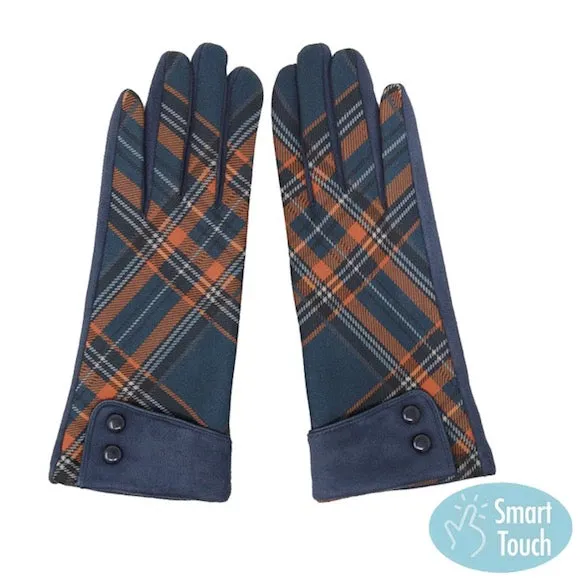 Checkered Detail Button Accent Cuff Smart Touch Tech Gloves