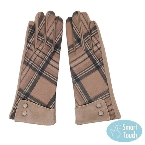 Checkered Detail Button Accent Cuff Smart Touch Tech Gloves