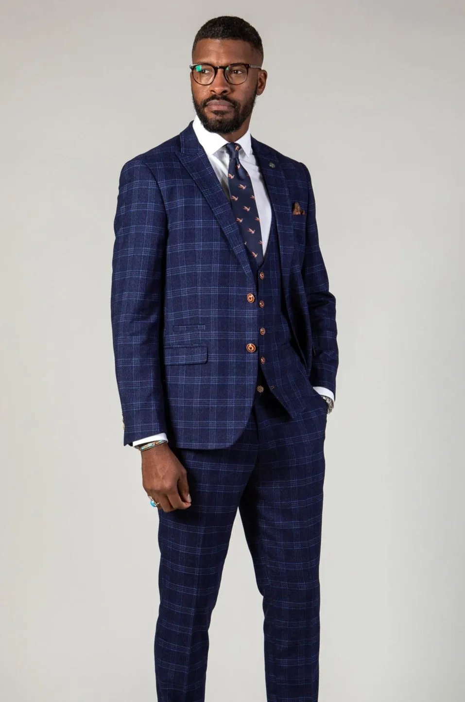 CHIGWELL - Blue Tweed Check Three Piece Suit