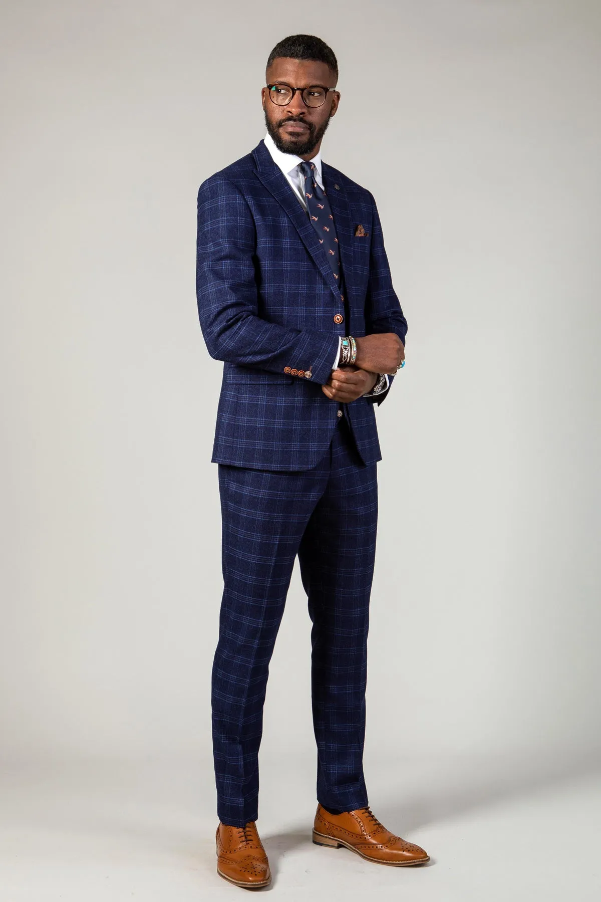 CHIGWELL - Blue Tweed Check Three Piece Suit