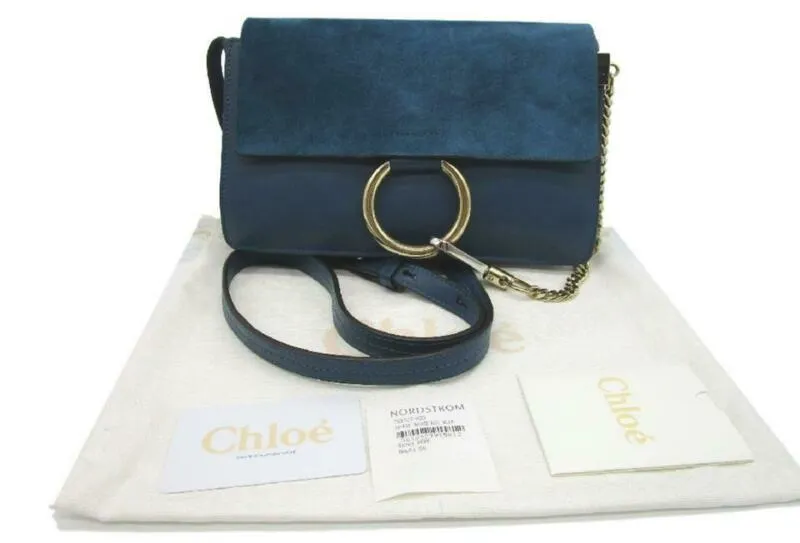 Chloé Faye New Small Majolica Suede Blue Leather Cross Body Bag