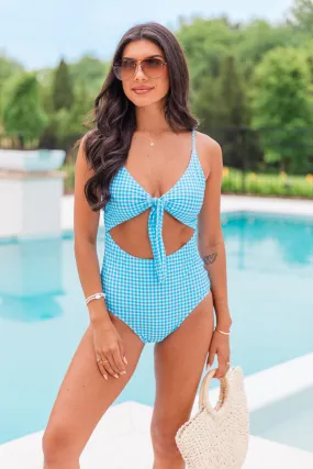 Clear Skies Ahead Blue Gingham Cutout One Piece Swimsuit