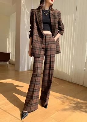 Coffee Plaid Blazer Wide Leg Pantsuit