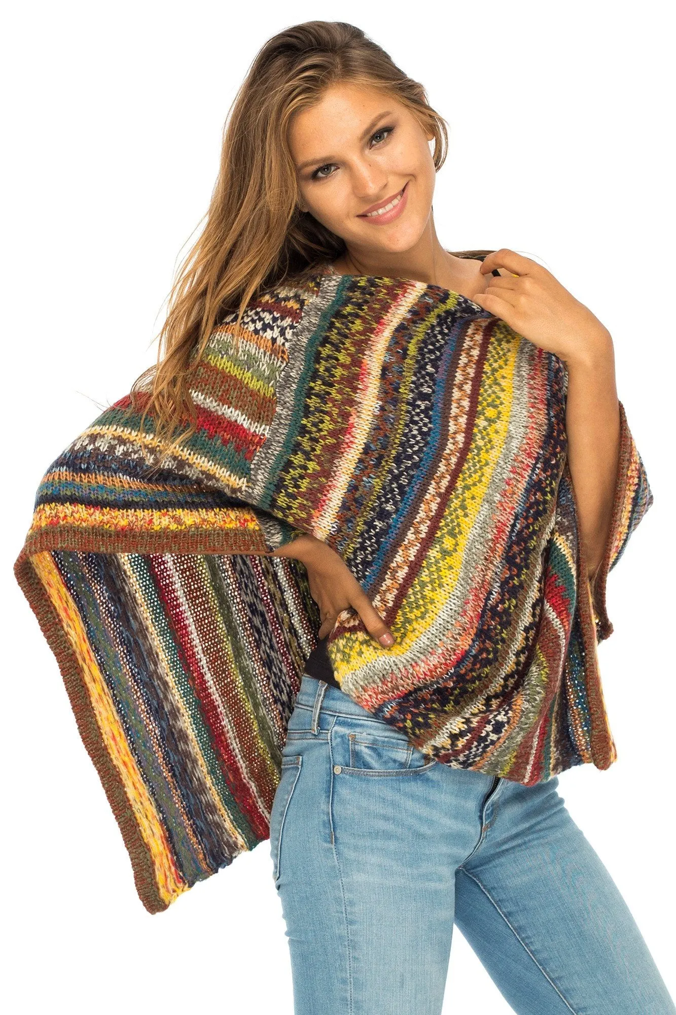 Colorful Knit Striped Poncho