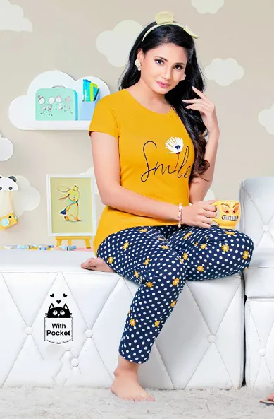 Comfy Women's Mustard Yellow and Blue Cotton Printed Tee With Pants And Shorts 3 Piece Set