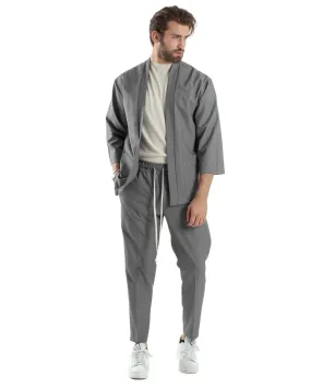 Completo Set Coordinato Uomo Viscosa Giacca Kimono Pantaloni Grigio Casual Elegante GIOSAL-OU2447A