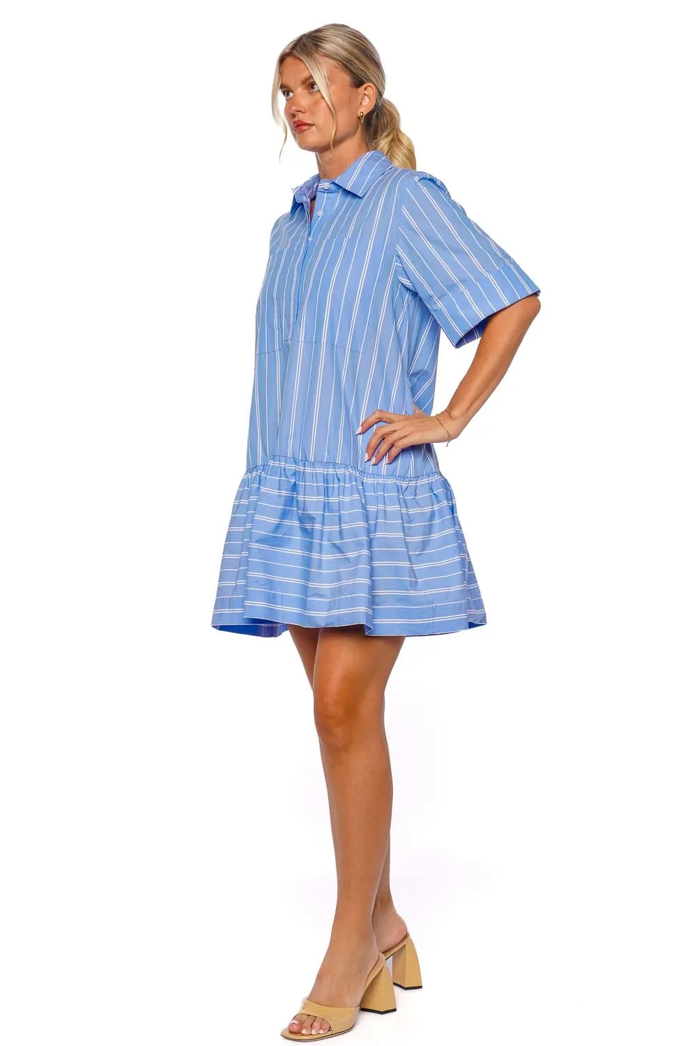 Cris Blue Striped Mini Shirt Dress