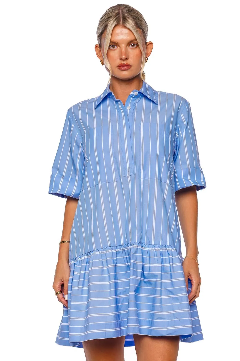 Cris Blue Striped Mini Shirt Dress