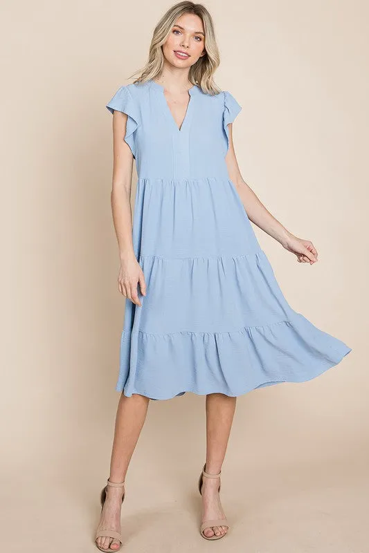 Curvy Light Blue Tiered Midi Dress