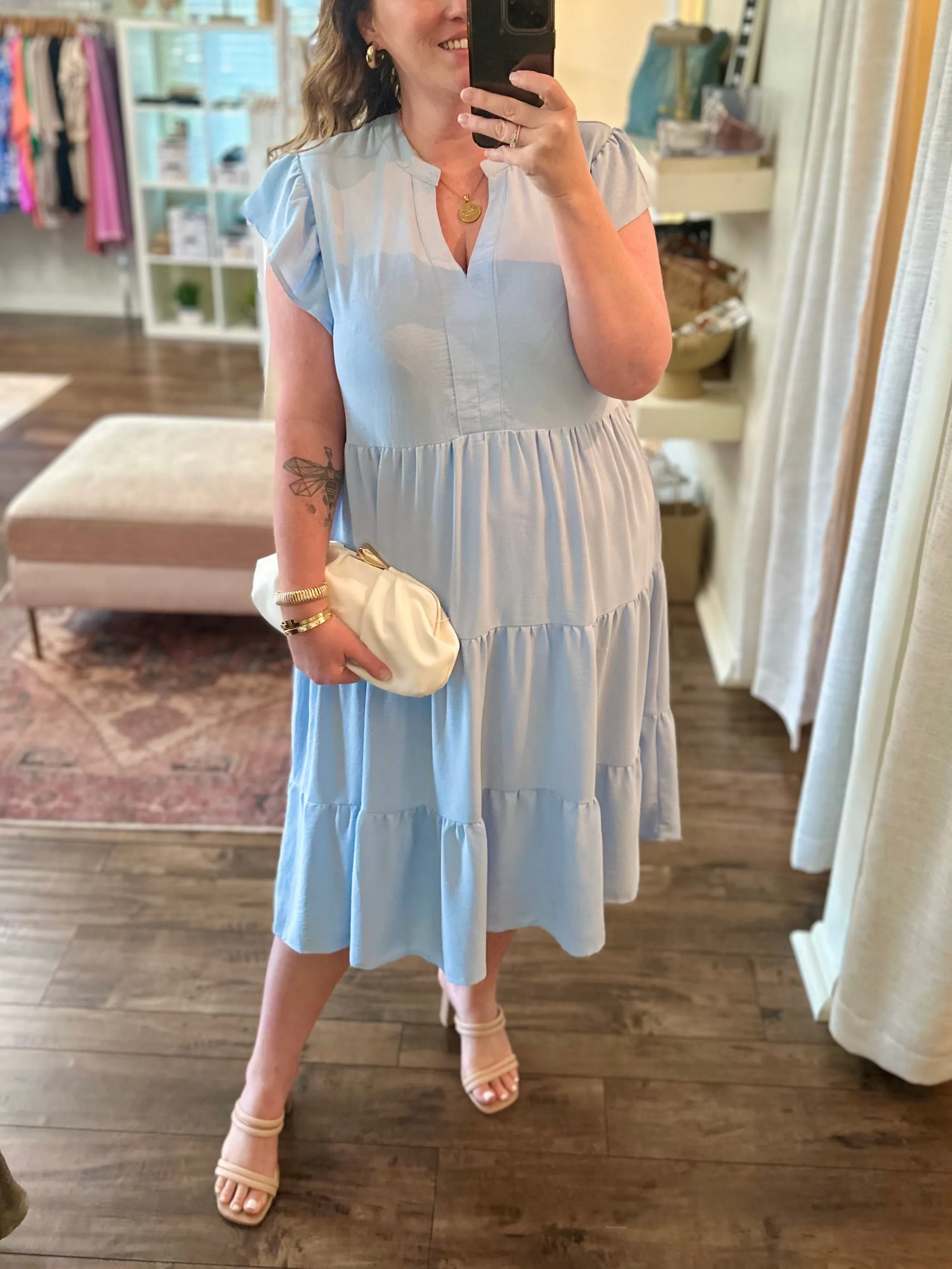 Curvy Light Blue Tiered Midi Dress