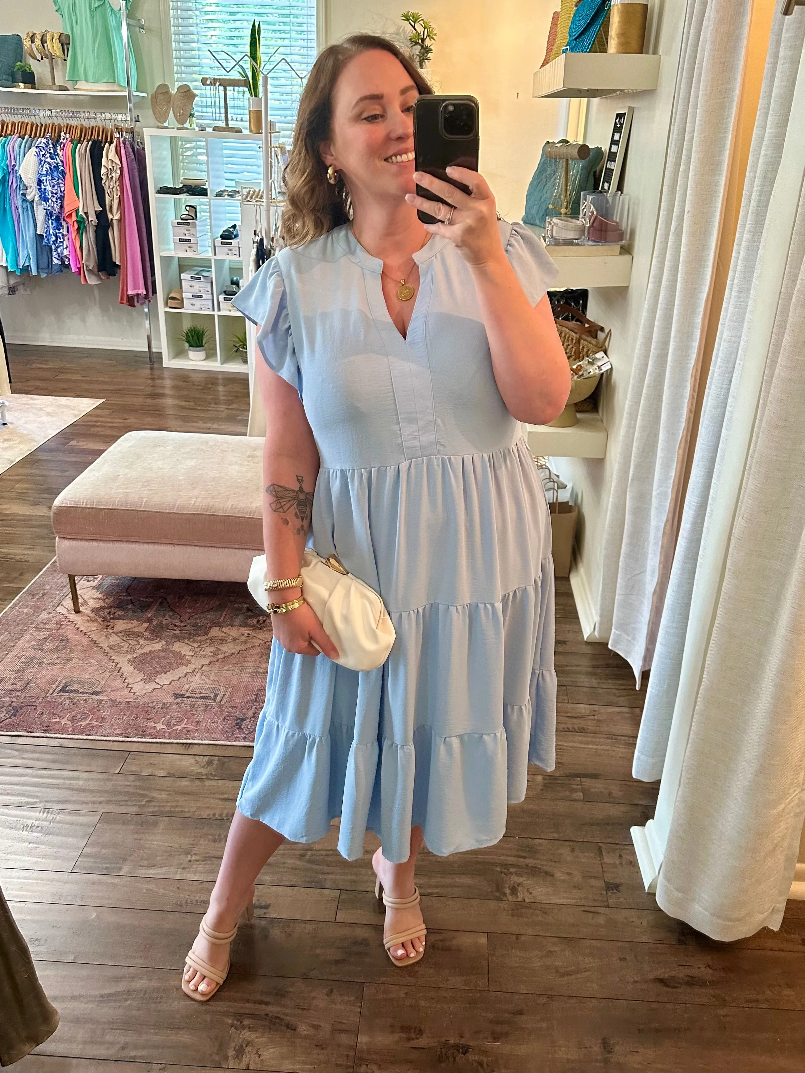 Curvy Light Blue Tiered Midi Dress