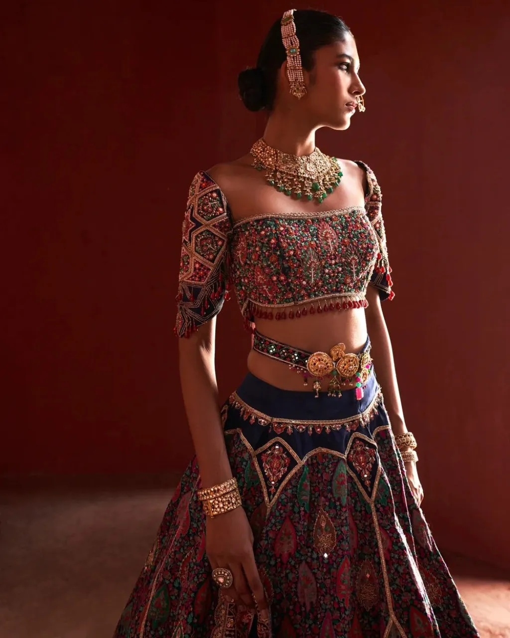 Dark Blue Jamawar Lehenga Set