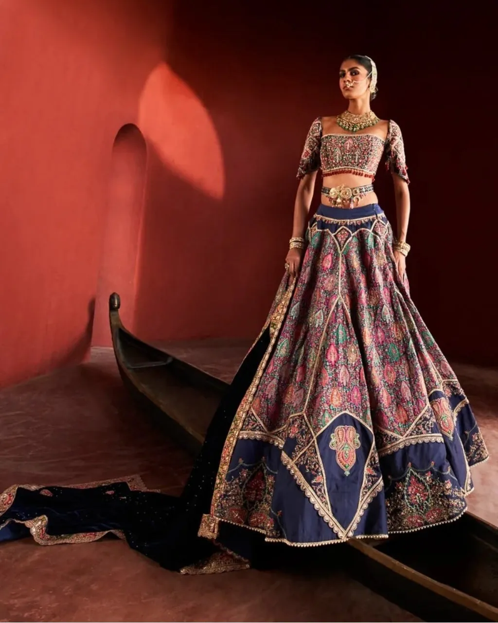 Dark Blue Jamawar Lehenga Set