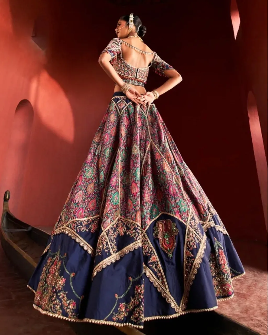 Dark Blue Jamawar Lehenga Set