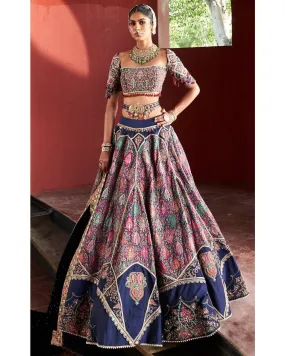 Dark Blue Jamawar Lehenga Set