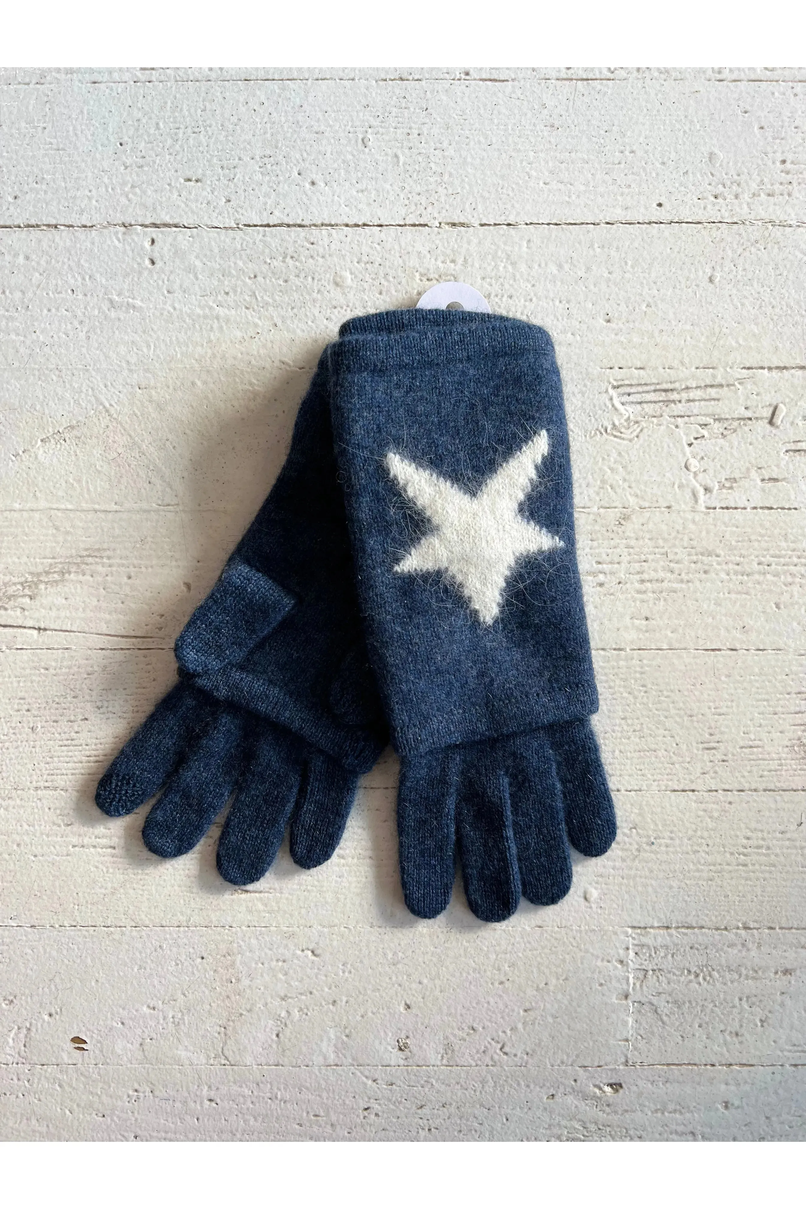 Denim Blue with White Star 3 in 1 Cashmere Gloves