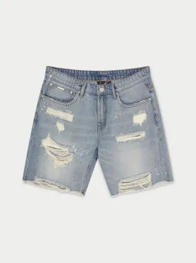 DISTRESSED RAW HEM DENIM SHORTS - WASHED BLUE