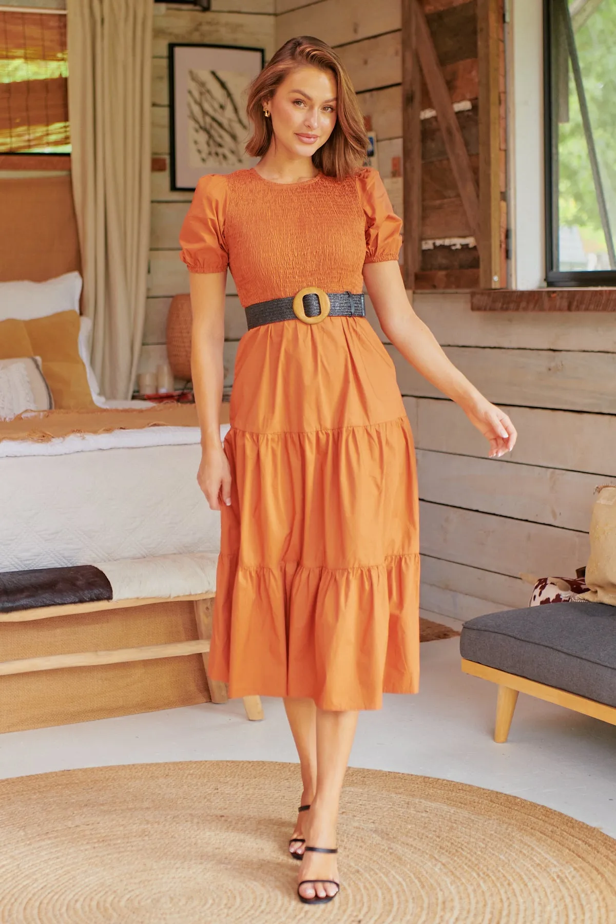 Edna Rust Shirred Bust Tiered Maxi Dress