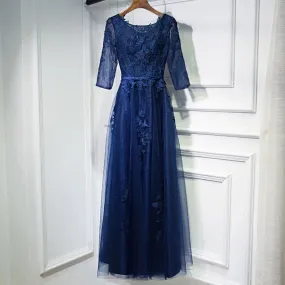 Elegant Lace Appliques Tulle Navy Blue Bridesmaid Dresses With Sleeves