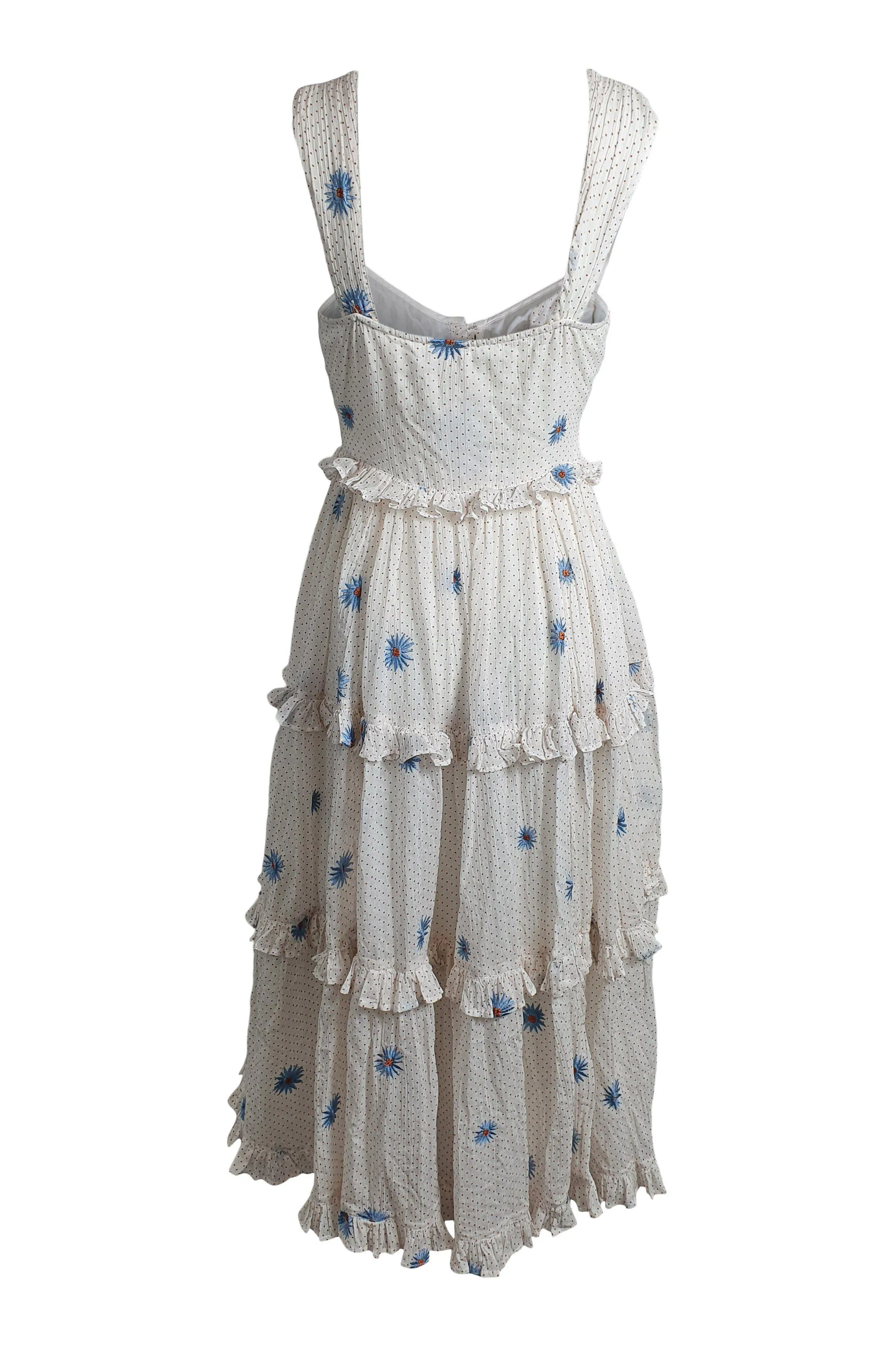 FREE PEOPLE White Polka Dot Floral Modern Boho Daisy Chain Midi Dress (XS)