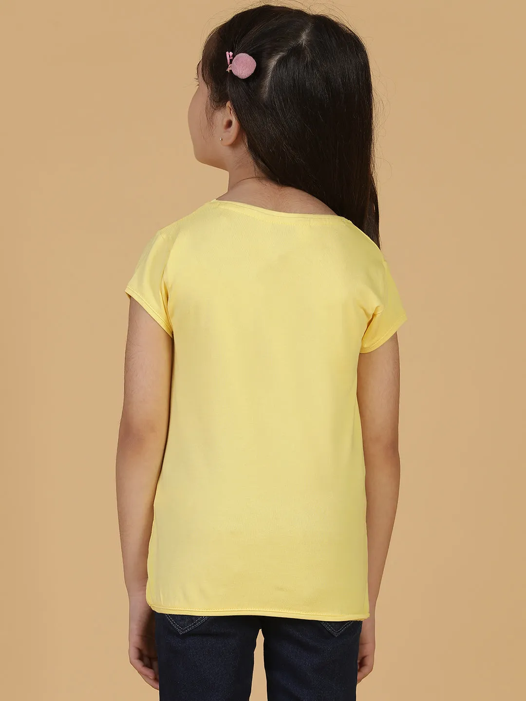 Girls Light Yellow Printed T-shirt