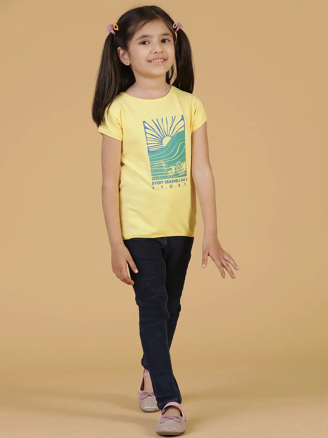 Girls Light Yellow Printed T-shirt