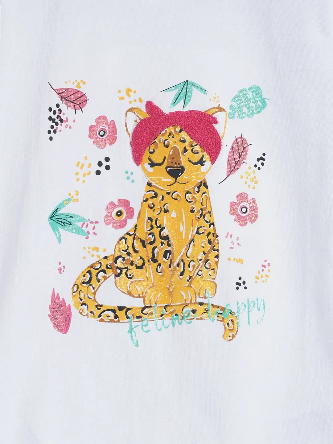 Girls White Lycra Animal Print T-shirt