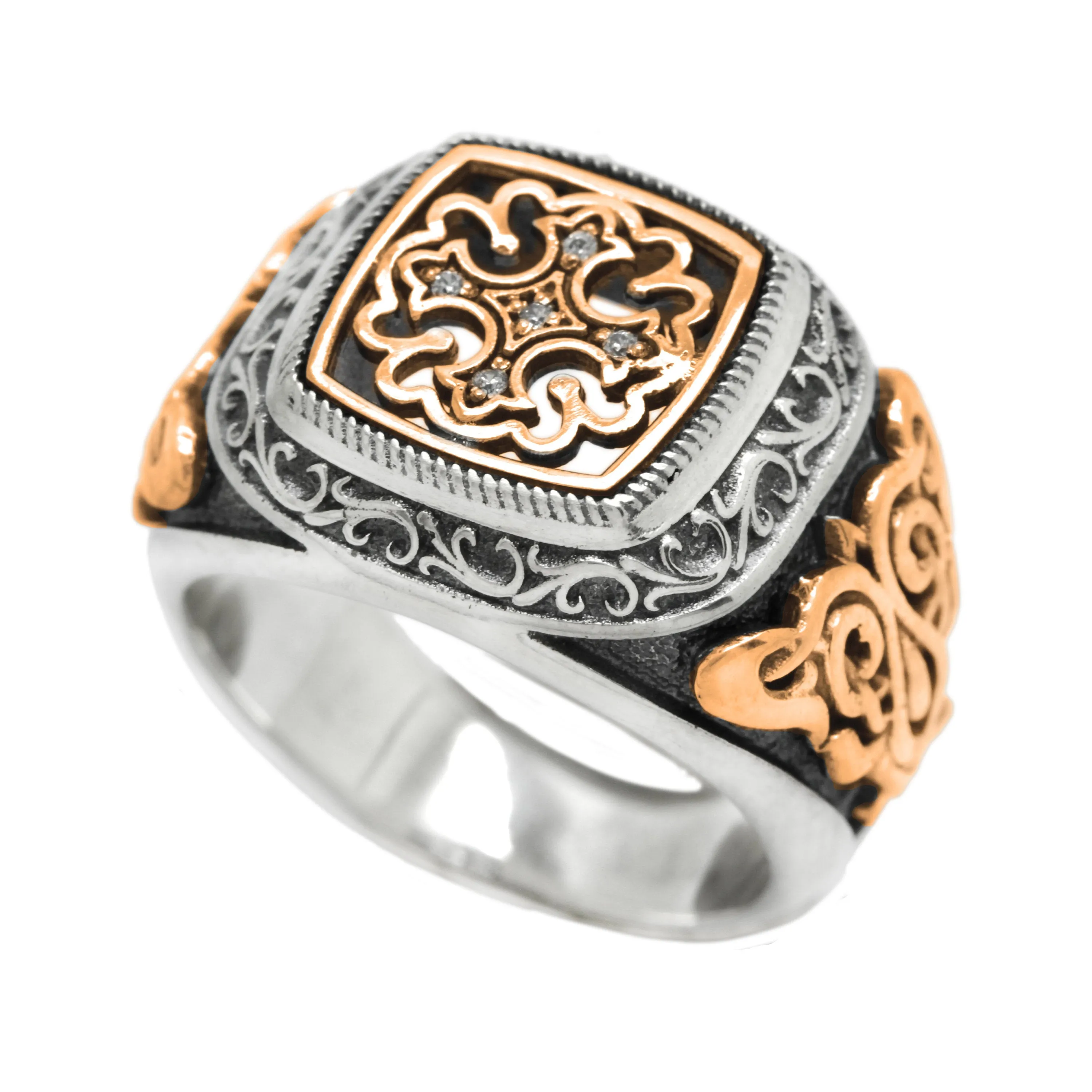 Gold Pattern Cross Men's Signet Silver 925