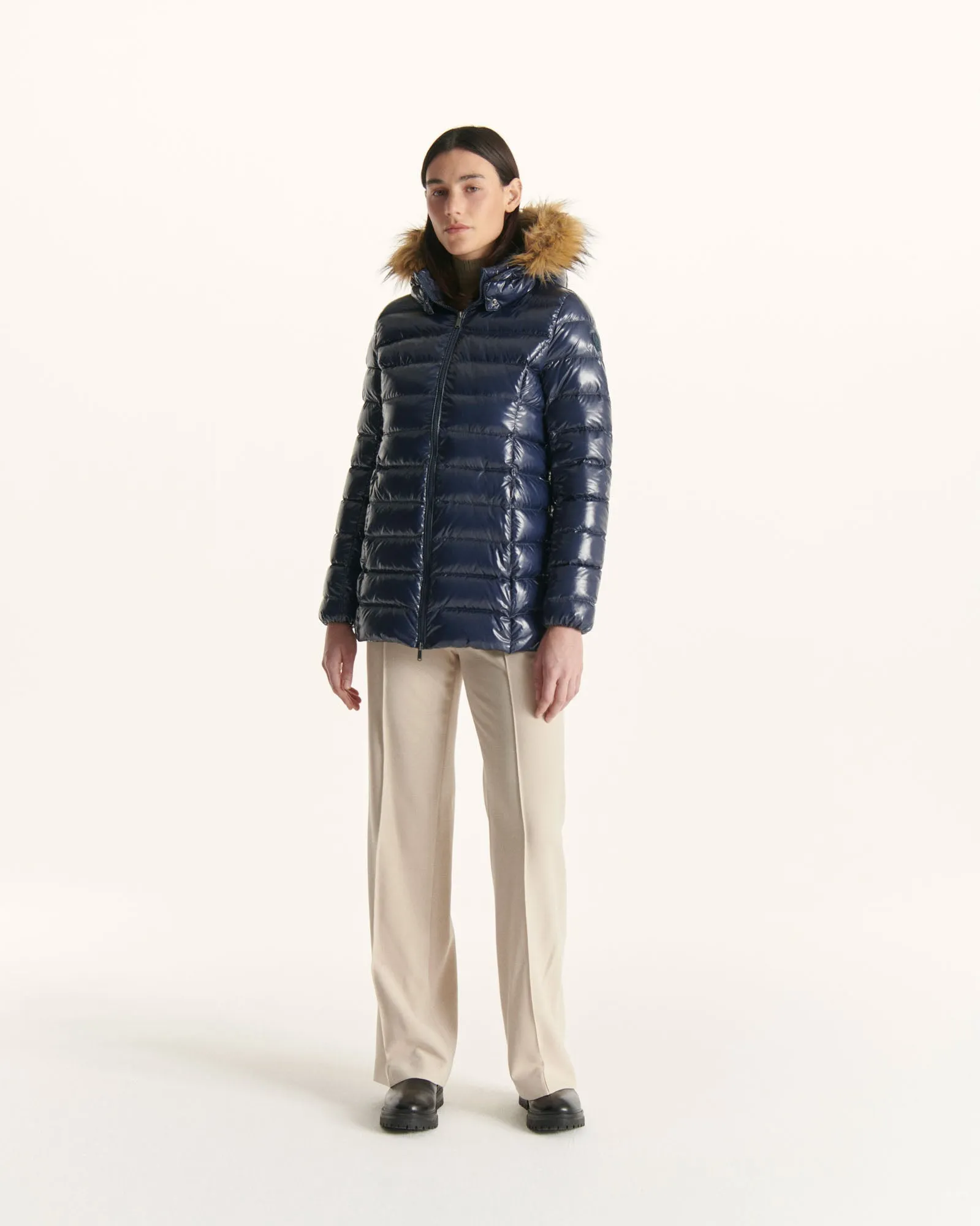 Grand Froid Navy Perle lacquered mid-length jacket