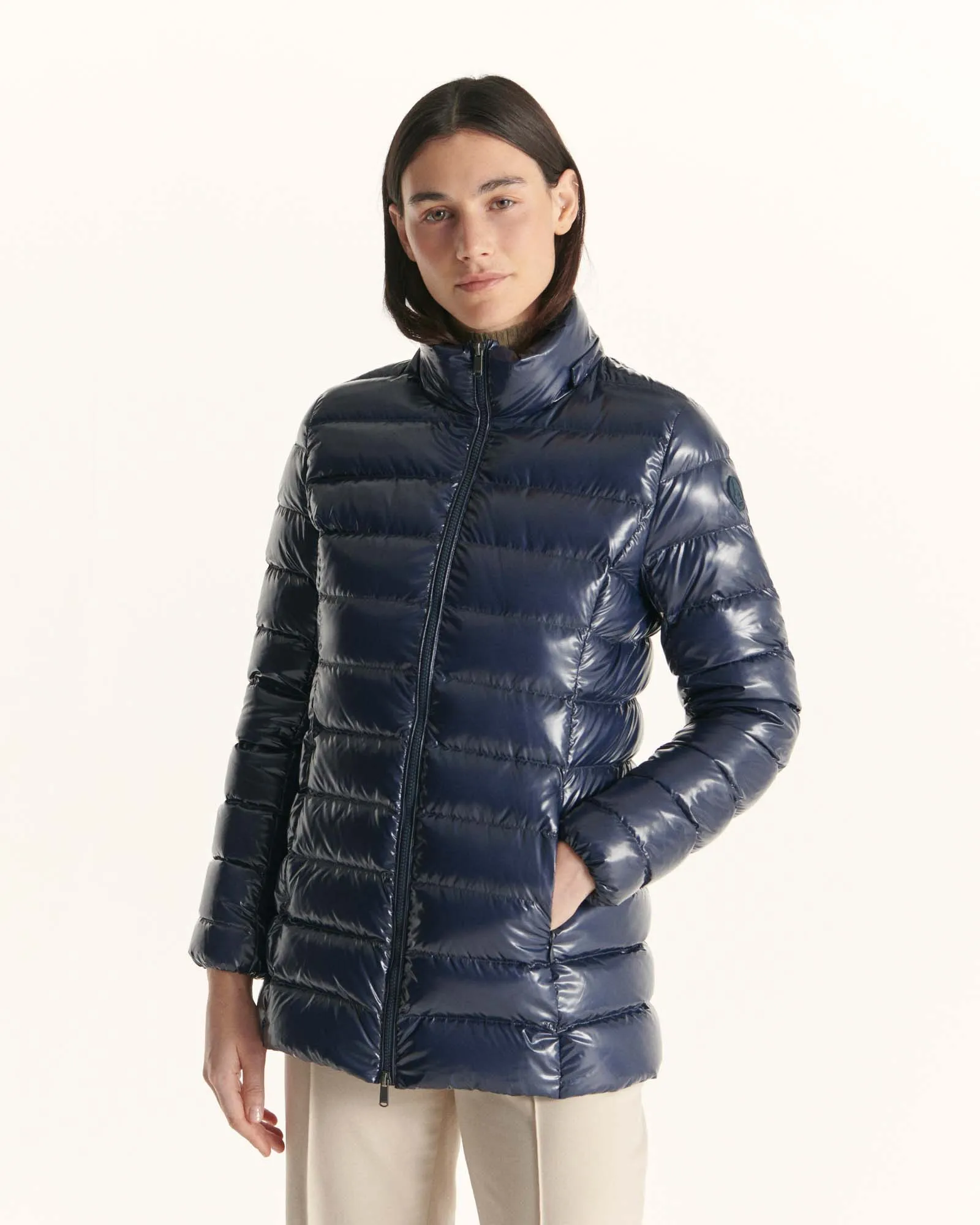 Grand Froid Navy Perle lacquered mid-length jacket